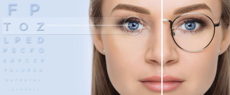 A female before and after vision correction